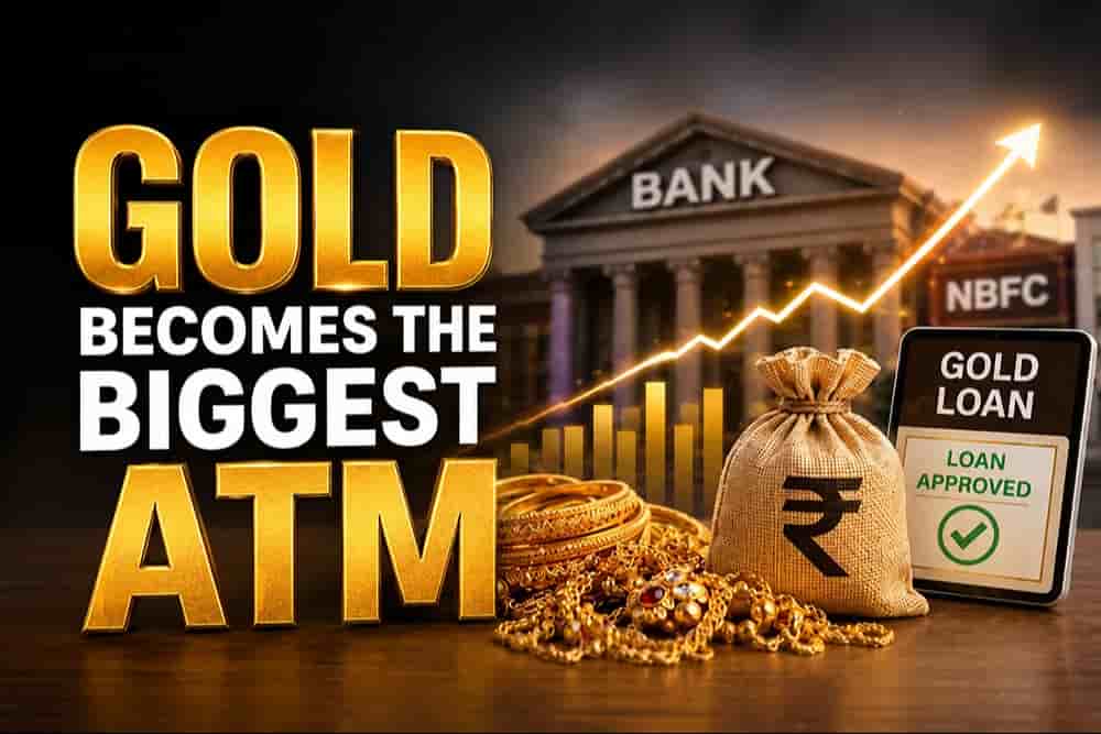 Gold jewelry and a loan approval display in front of financial institutions, illustrating how gold loans in India provide quick access to credit during economic uncertainty and market volatility.
