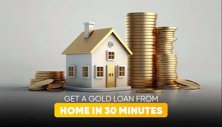 Miniature house model beside stacks of gold coins symbolizing quick gold loan approval from home in India