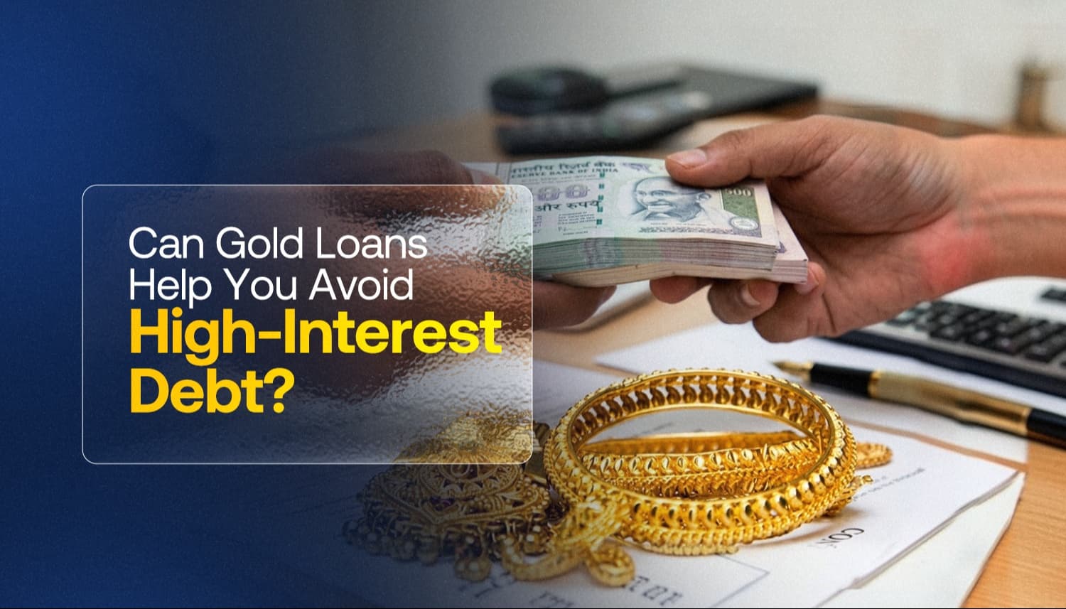 Person receiving cash against gold jewelry, illustrating a gold loan option to avoid high-interest debt and manage financial needs efficiently.
